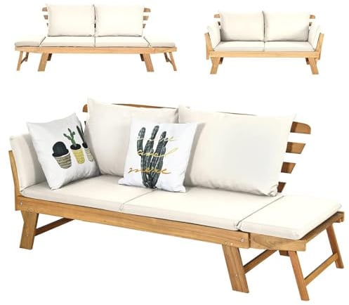 COSTWAY 3 en 1 Sofa Cama de Jardín, Banco de Jardín de 2 Plazas Convertible con 2 Almohadas y Cojin Extraible y Lavable, Reposabrazos Ajustables, Sofa Jardin de Madera Acacia para Patio, Máx 320 kg