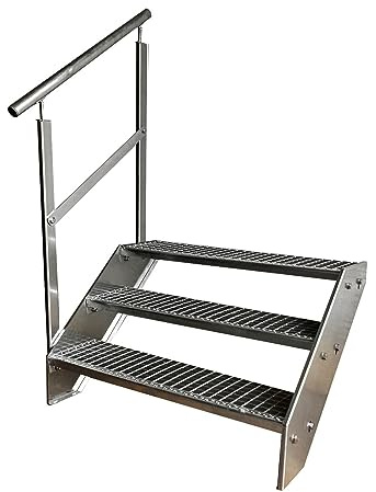 Kaminbau Mierzwa Premium Stahl Treppe Geländer Links Verzinkt 3 Stufen (Breite 1200 mm) (Höhe 57 cm) Wetterfest Gitterroststufe Gartentreppe