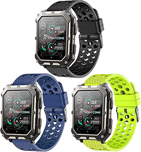 Blueshaweu Bracelet Compatible pour KOSPET Tank M2 1.85 Smartwatch,Respirant Sport Silicone Bracelet Compatible pour Montres connectées TESOFIT M2 1.85/AMAZTIM M2 Smartwatch (3 packs-Noir+vert+bleu)
