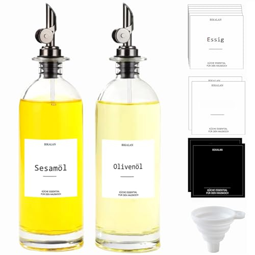 BIKALAN Essig und Ölflaschen Set, 500ml Kaffee Sirup Spender, Ölspender, Mundspülung Kaffeesirupspender Automatisches Öffnen und Schließen Olivenöl Flasche, mit 22 Aufkleber, Trichter