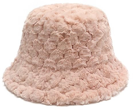 ZLYC Damen Winter Kunstpelz Fischerhut Stricken Bucket Hut(Flauschig Rosa)