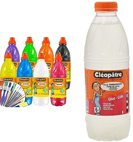 Cléopâtre PGBB1X8+260161-Lot de 8 flacons de Gouache de 1L + Lot de 25 pinceaux et brosses Ecole, Multi, 15x10x5 Colle transparente - Flacon de recharge au format de 1 kg