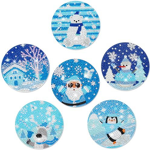 MWOOT 6 Pièces Noël sous-Verres Art de Diamant,Peinture de Diamant Coaster,Christmas Bricolage Acrylique Diamond Strass Painting Art,Painting Diamond Cristal für Travaux Manuels Adulte(9.8x9.8cm)