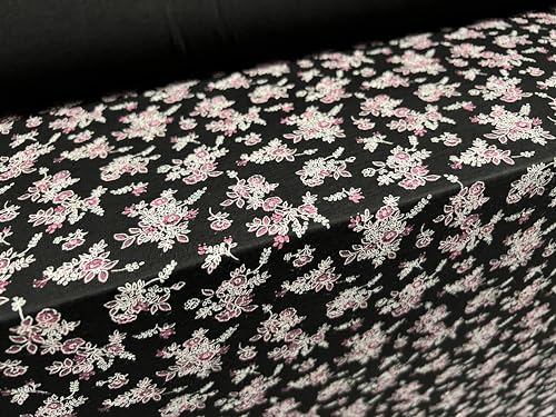 Viskose-Spandex-Stretch-Jersey-Stoff, Meterware – Blumen-Bouquet-Druck – Schwarz & Rosa