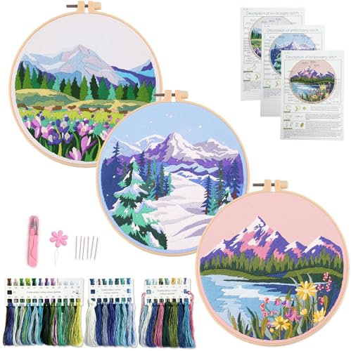 Myfelicity Embroidery kit, 3 Sets of Landscape Pattern Embroidery Materials, Including Patterned Embroidery Cloth, Embroidery Thread, Needle and Hoop Tools