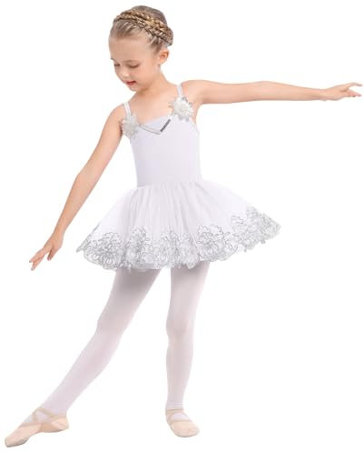 Odizli Ballettkleidung Mädchen Kinder Spaghetti V-Ausschnitt Pailletten Blume Ballettkleid Tanzbody Turnanzug Tüllkleid Tutu Tanzkleid Gymnastikanzug Ballettanzug Ballerina Kleid Weiß 5-6 Jahre