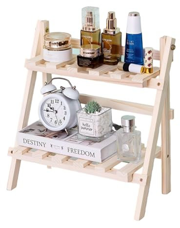 QruiLanTu 2 Tier Foldable Ladder Plant Stand Desktop Shelf Organizer Rack Wooden Display Risers for Selling L 13.3 x H 13.8 x D 7.1 in（DIY）