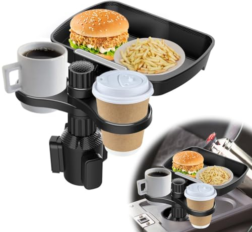 Kayuneed Porte-gobelet de voiture, plateau de table, 3 en 1, porte-gobelet, adaptateur de voiture avec support de téléphone portable et plateau de nourriture amovible, table de voiture réglable à 360°
