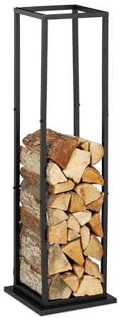 Relaxdays Scaffale Portalegna da Interno in Metallo, per Ceppi da Camino, HLP 121x35x35 cm, Porta Legna da Ardere, Nero, Acciaio
