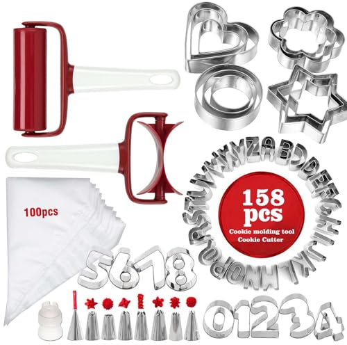 Xafrstyu 158 Pcs Cookie Biscuit Cutters Set, Large Alphabet Letter and Number Cookie Cutters Shapes, Stainless Steel ABC Cookie Cutters Set, Metal Biscuit Tools, for Christmas, Birthday, Holiday