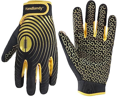 HANDLANDY American Football Handschuhe Herren, klebrige breite Empfängergriffhandschuhe, Schwarz und Gold, Stretch-Passform, Fußballhandschuhe Erwachsene, M