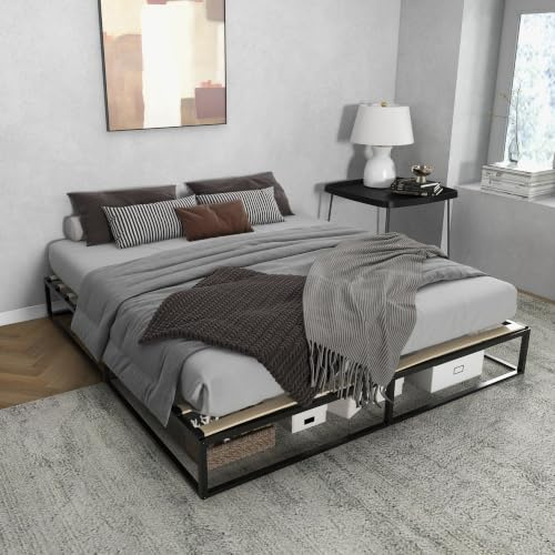 HOMCOM Marco de Cama 180x200 cm con Soporte de Acero Estilo Moderno Negro | Estructura de Cama, Somier de Listones de Madera, para 1-2 Personas