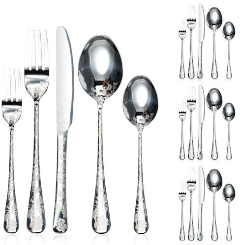 20Pcs Stainless Steel Flower Pattern Cutlery Set Elegant Flower Pattern Cutlery Set Smooth Pattern Design Silverware Set Dishwasher Safe for Home Kitchen Party(Silver)
