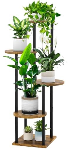 YOCOMEY 5 Tier Hölzern Blumenregal Metall Pflanzenregal, Mehrstöckig Blumenständer Pflanzenständer Blumenbank Blumentreppe Pflanzentreppe Standregal für Innen Außen Balkon Deko (Rund Schwarz)