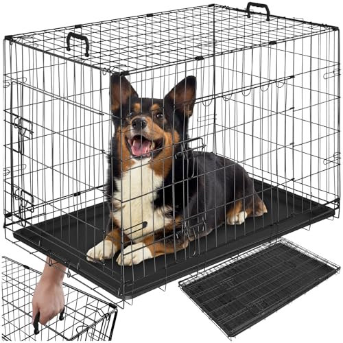 tectake® Hundekäfig, Hundegitter Box, Dog Kennel, Hundebox faltbar, Transportbox stabil, für Hunde und Welpen, für Kofferraum, Auto, Camping und Zuhause, Wohnung - 91,5 x 59,5 x 64 cm