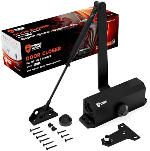 PrimeWare DC-300 Adjustable Automatic Door Closers for Home | Soft Close, No Slam | Residential and Commercial Door Closer | Level 3 | for Doors Weighing 90-140 lbs | Hydraulic Door Spring - Black