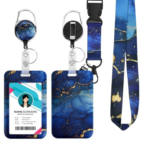 Ausweishülle mit Band, Id Badge Holder Breakaway Lanyard für, Einziehbare Badge Reel, Abnehmbare Namensschild Clips, Hals Lanyard Strap, Lehrer Büro Geschenke (blauer Marmor)