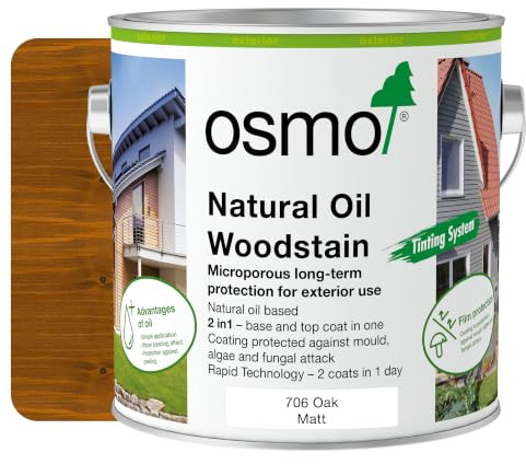Osmo Natural Oil Woodstain 706 Oak Matt 2.5L – Exterior Wood Stain for Cladding & Fencing – Base and Top Coat in One – UV & Weather Resistant, Water & Dirt Repellent Finish