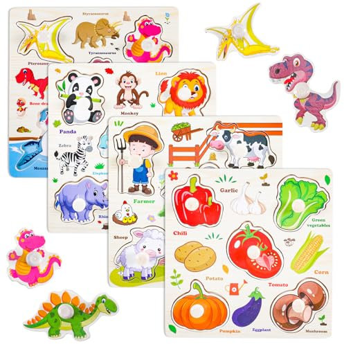 UICCVOKK 4 Stück Holzpuzzle Kinder,Spielzeug ab 1 Jahre, Montessorispielzeug ab 1 Jahr, Kinderspielzeug, Baby Spielzeug, Steckpuzzle