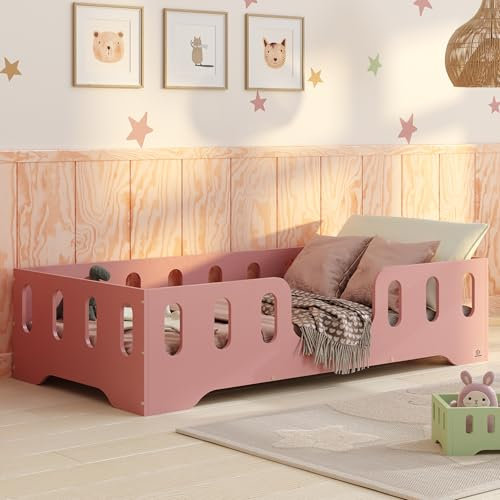smartwood Letto Montessori 60x120 Letto per Bambini in Legno FSC Colore Rosa TILA 2 con Sponda Anticaduta e Rete a Doghe Fino a 230 kg – Per Bambino e Bambina – Montaggio Facile