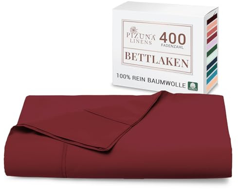 Pizuna Bettlaken 270x310 cm Baumwolle Rio-Rot 400 Fadenzahl | 100% Langstapel Baumwolle Bettlaken ohne Gummizug, Satinbindung nur Flachlaken Mit stilvollem 5 cm Saum Mako Satin