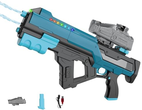 Elektrische Wasserpistole, Doppeldüsen-Wasserpistole Elektrisch, 800ml Electric Water Gun bis zu 8-10m, Bunt-LED Wasserspritzpistole Auto-Wasserabsaug, Wasser Pistole, für Erwachsene Kinder (Blau)