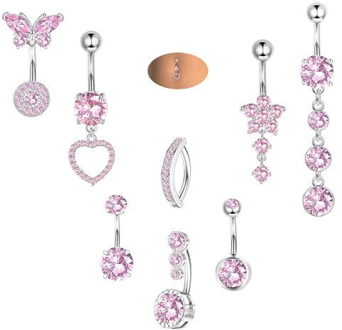 Milacolato Piercing Nombril Acier Inoxydable, Ensemble de 8 Rose Des anneaux ornés de Pendants Fleur, Cœur et Papillon, Bijoux de Perçage de Nombril Clicker Pour Femmes et Filles - 10 mm