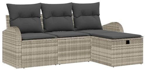 vidaXL Garten-Sofa-Set mit Kissen 4 pcs Hellgrau Poly Rattan, Garten und Terrasse, modernes Sofa-Set, UV-beständiger Rattan, Flexible Sitzplätze und Stauraum, stylisch