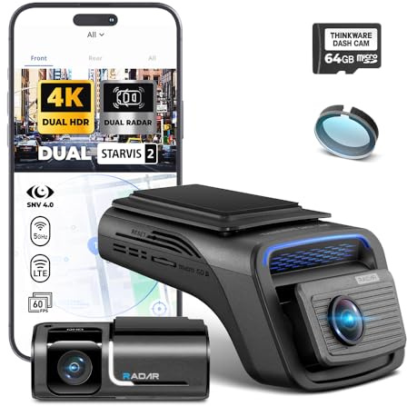 THINKWARE U3000 PRO 2CH 4K HDR Dual Dash Cam Front and Rear - 4K+2K STARVIS 2, Super Night Vision 4.0, Radar Parking Mode, Thermal Protection, 5GHz Wi-Fi and GPS - 64GB MicroSD & OBD Cable Incl