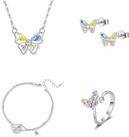 HinDaLi 4 Paires Parure de Bijoux Papillon Argent 925 pour Femme Fille | Papillon Collier Bracelet Bague Boucles d'oreilles Argent 925 Zirconium Ajustable Ensemble de Bijoux Argent Femme