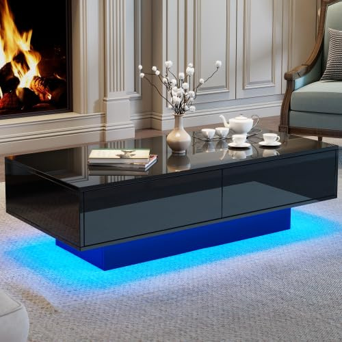 Merax Hochglanz Couchtisch 115 x 55 x 34 cm, Wohnzimmertisch mit 2 Schubladen, LED-Beleuchtung und 30 kg Tragkraft – Eleganter Wohnzimmertisch Schwarz