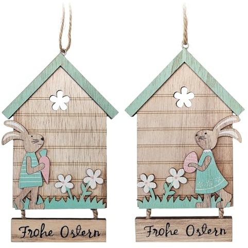 com-four® 2X Dekoaufhänger Ostern, Osterschmuck aus Holz zum Aufhängen | Hänge-Deko Frohe Ostern