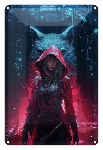 Wallario Blechschild Wandbild aus Metall Schattenwolf und Kriegerin - 20 x 30 cm in Premium-Qualität: Brillante Farben