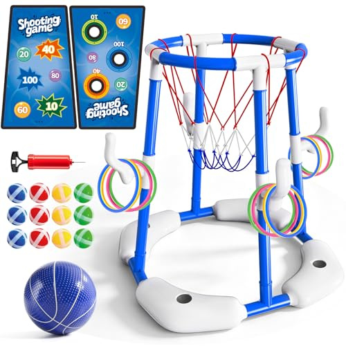 Sitodier Panier de Basket pour Piscine, Panier Flottant 4-en-1 avec Anneaux, Jeu de tir et balles antidérapantes, Jeux de Piscine en Plein air, Jouet de Sports Nautiques pour Enfants de 3 à 12 Ans