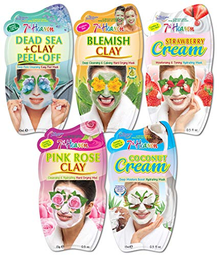 7th Heaven Hydrating Face Mask Pack with Dead Sea Clay, Strawberry Cream, Pink Rose, Charcoal Mud and Coconut Cream To Hydrate, Clean And Nourish Your Skin, 5 Count (Pack of 1)