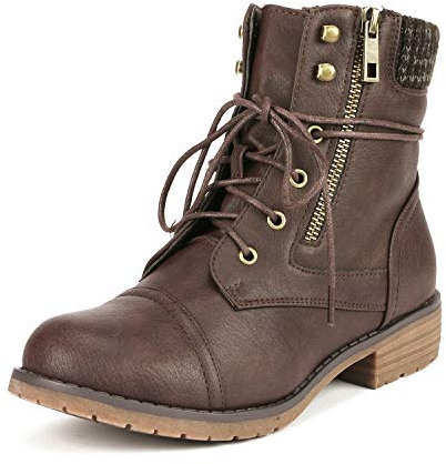 DREAM PAIRS Stivali da Donna con Tacco Grosso e Stivaletti Pelle PU Stivaletti con Tacco Spesso e Suola Spessa in TPR Con Lacci,Size 38,Marrone,PEAKK