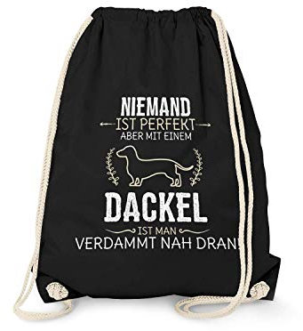 Fashionalarm Turnbeutel - Niemand ist perfekt - Dackel | Fun Rucksack Spruch Geburtstag Geschenk Idee Hundebesitzer Rasse Hund Teckel Dachshund, Schwarz One Size