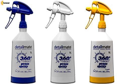detailmate Set Made by Kwazar 3 Mercury Super PRO+ 360 Grad VITON Sprühflasche, Double Action Trigger. durchsichtige Skala, Standfuß, 1 Liter Weißwurst