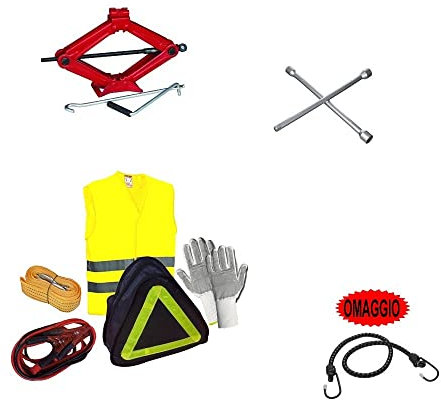 COMPATIBILE CON PIAGGIO KIT EMERGENZA STRADALE PER AUTO 6 ARTICOLI CRIC+GUANTI+CAVI BATTERIA+CORDA TRAINO+GIUBBOTTO FLUO+CHIAVE A CROCE PRODOTTI SOS PER TUTTI I VEICOLI