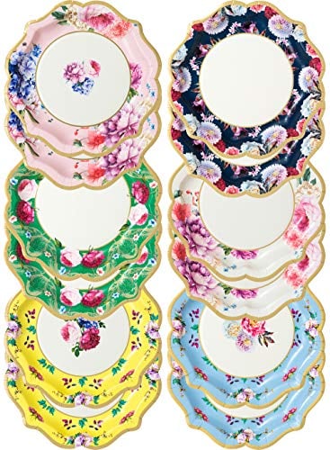 Talking Tables 12 x Assiettes en papier colorées vintage à motifs floraux de 20 cm, thé de l'après-midi, fête de jardin, goûter, anniversaire, mariage, célébration de bébé, Bridgerton