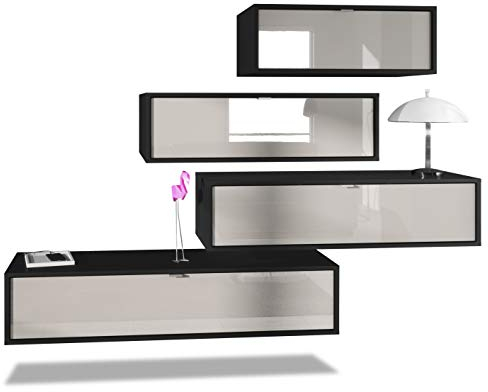 Vladon Wohnwand Lana V3 Anbauwand aus 4 Hängeelementen mit 10 Fächern, Made in Germany, Korpus in Schwarz matt, Fronten in Sandgrau Hochglanz | Große Farbauswahl