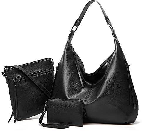 Ashioup Hobo Taschen für Damen, weiches PU-Leder, lockere Schultertasche, Geldbörse mit Reißverschluss, Schwarzer dreiteiliger Anzug, Einheitsgröße