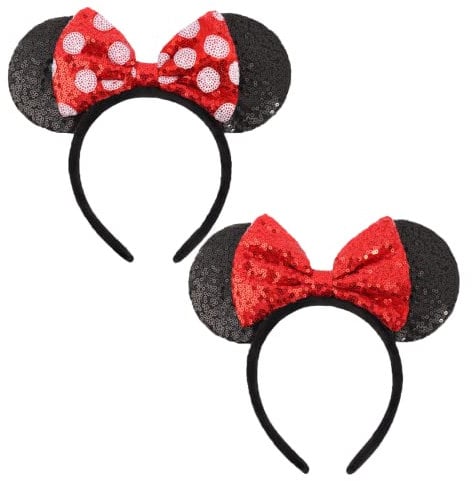 UNSPAZ Mouse Ears Bow Headbands, 2 PCS Shiny Sequin Bow Headbands Classic Mouse Ears Headbands for Adult Women Girls(Red Sequin & Red Dot )…
