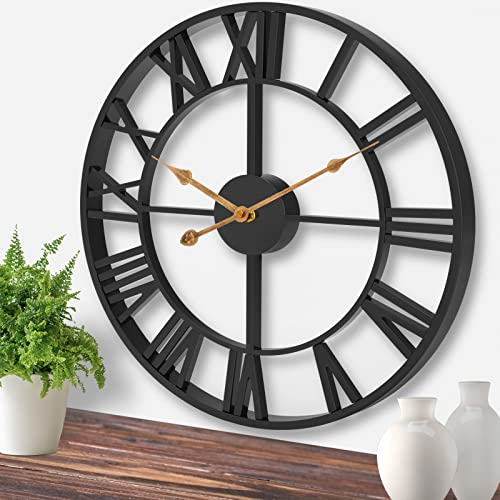 Pytha Sight Große Wanduhr Modern Wohnzimmer,Wanduhr Ohne Tickgeräusche Metall Schwarz 40cm mit Römischen Ziffern für Küche,Büro,Esszimmer