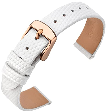 ANNEFIT Uhrenarmband 12mm Leder für Damen, Eidechsen-Prägung Ersatzarmband mit Edelstahl Roségold Schnalle (Weiß)