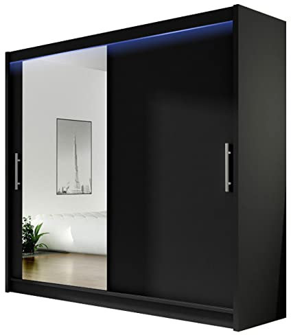 Mirjan24 Kleiderschrank mit Spiegel London VI, Schwebetürenschrank, Schiebetürenschrank, Modernes Schlafzimmerschrank, Schlafzimmer, Garderobe (mit RGB LED Beleuchtung, Schwarz.)