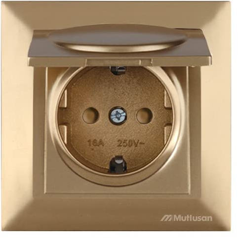 Mutlusan CANDELA Set: Steckdose mit Deckel/Klappdeckel, Kindersicherung und Rahmen - Unterputz, Einbau - Gold, goldfarben, Messing, Bronze, Kupfer