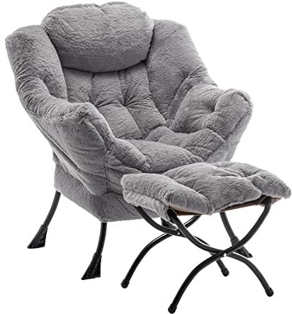 SESHINELL Armchair with Ottoman, Comfy Upholstered Lounge Reading Chair with Side Pocket and Armrests, Modern Bedroom Lazy Chair and Footstool Set for Living Room, Plush Grey
