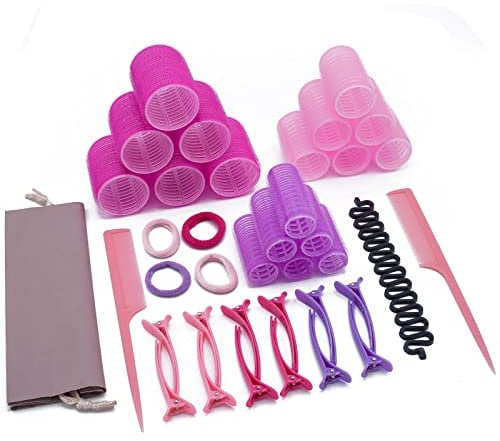 36-Piece Hair Rollers Set - Styling Kit with Hair Clips, Combs & Accessories for Effortless Curls and Volume - Medium Size (PINK RED PURPLE, Medium)