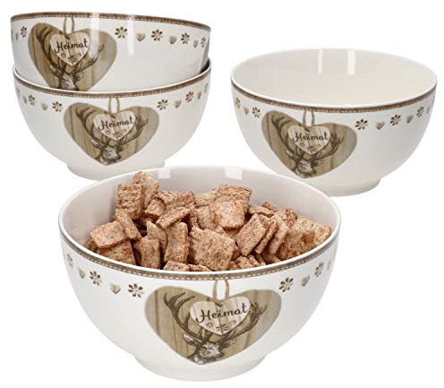 MamboCat Country Heart 4er Set Müslischalen I 550 ml I 4 Personen I Ø 15 cm I Porzellan-Schälchen, Bowl I mit Hirsch-Dekor & Herz I Schüssel für Müsli, Salat, Dessert & Co. I Landhaus-Stil